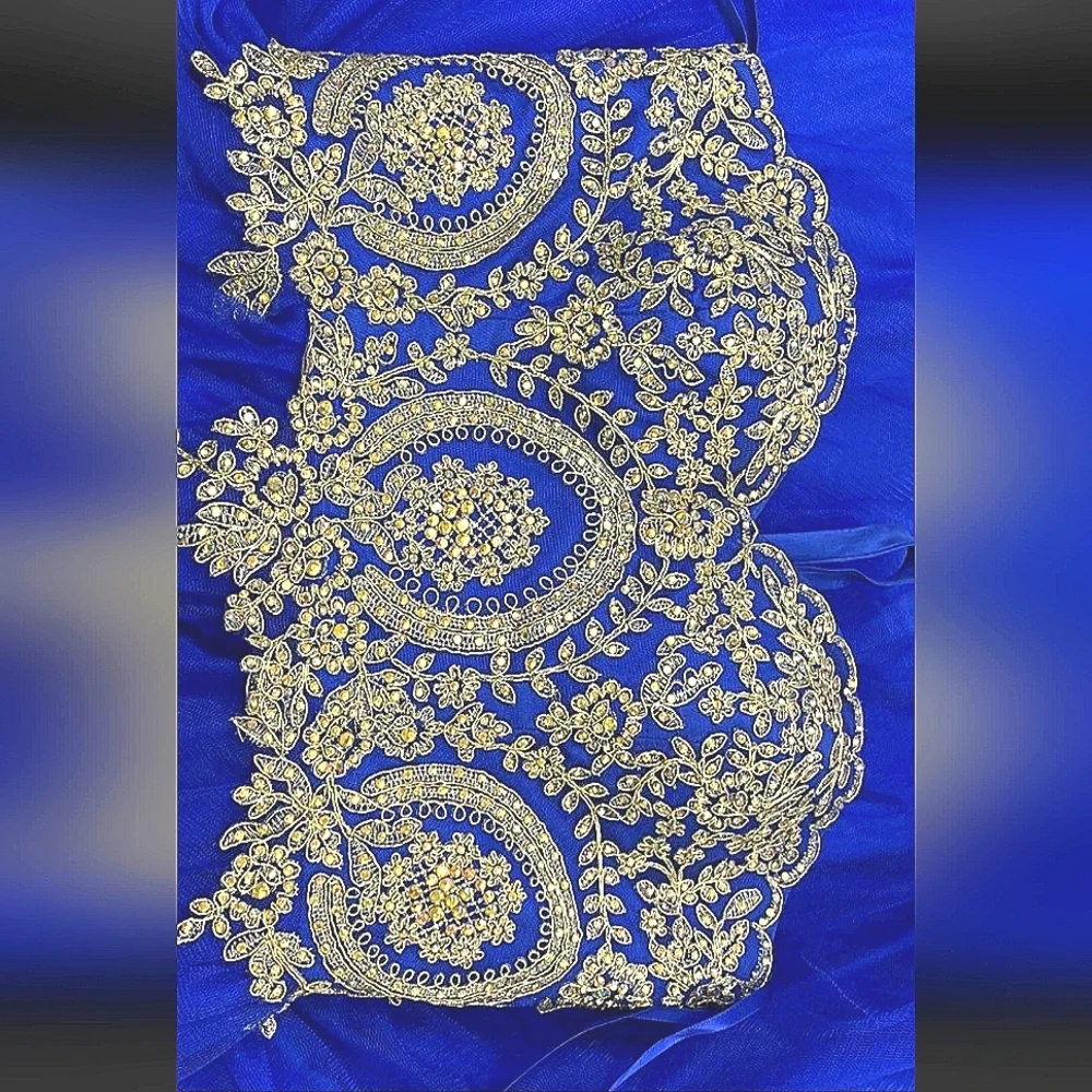 Dancing Queen Hand Beaded Strapless Blue/gold Crystal Embellished Dress Sz Large - Picture 3 of 14